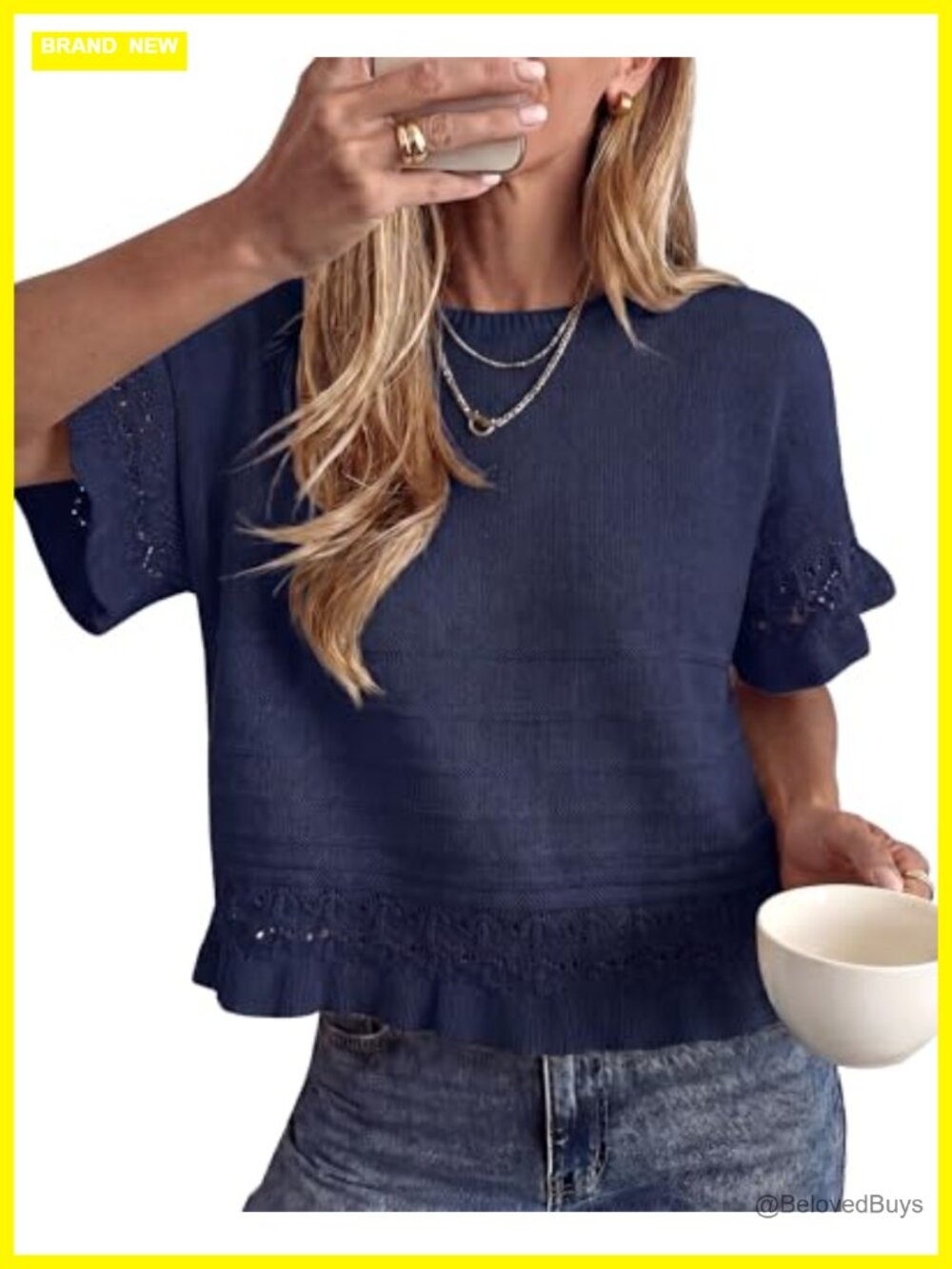 Women's Short Sleeve Knit Crochet Sweater Ruffle Hem Pullover Top